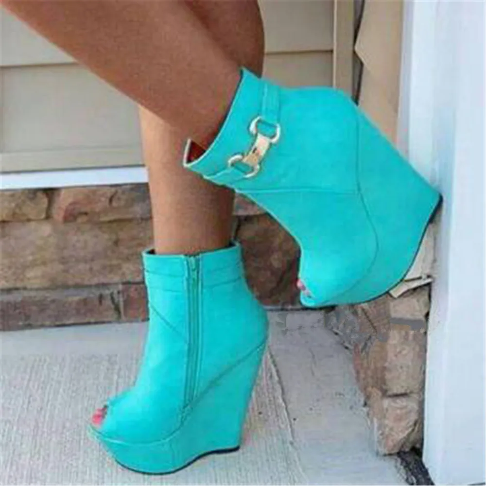 

FGHGF Women's sandals, blue leather wedge sandals, high heels, sexy peep-toe sandals