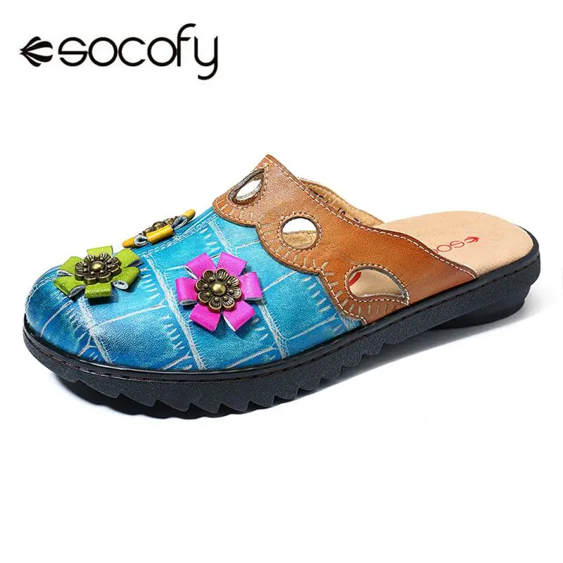 

SOCOFY Hand Painted Retro Shoes Pattern Genuine Leather Splicing Colorful Floral Soft Daily Sandals Comfortable Summer Shoes