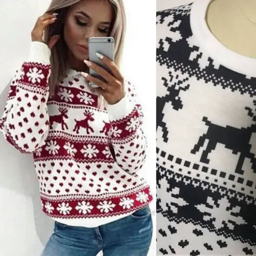 

2018 Fashion Christmas Women Long Sleeve Casual Snowflake Red Deer Maple Leaf Pattern Winter Sweater Pullover Tops