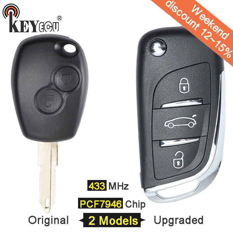 

KEYECU 433MHz PCF7946 Chip 2 3 Button Original/ Updraded Flip Remote Car Key Fob for Renault Kangoo 2 Modus Master Clio 3 Trafic