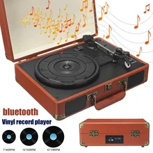 Nuevo Vintage 33/45/78 RPM Brown inalámbrico bluetooth ortable maleta giradiscos vinilo grabador teléfono Player aux-in Line-out 100-240V