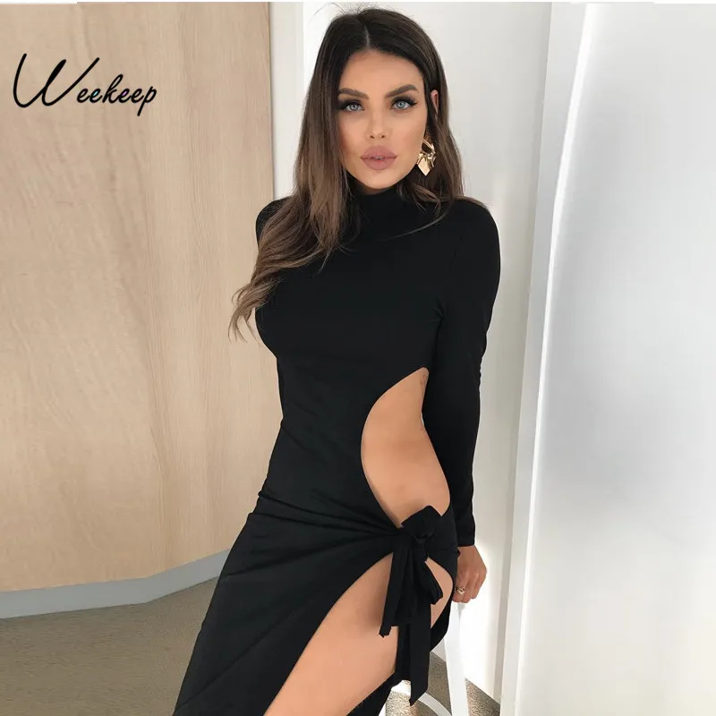 

Weekeep Women Sexy Hollow Out Split Dress Autumn Long Sleeve Bandage Bodycon Party Clubwear Dresses 2018 Turtleneck Black Dress