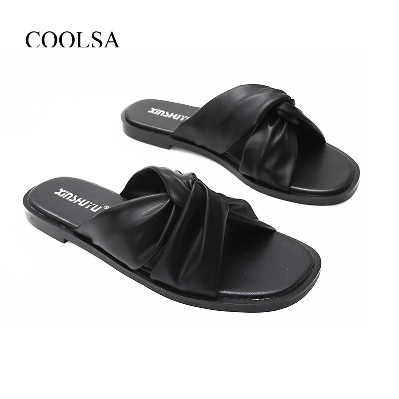 

COOLSA New Women's PU Cross-tied Flat Slippers Fashion Designer Holiday Party Casual Slides Girl Non-slip Beach Quality Sandals