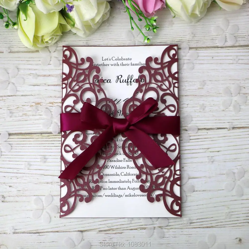 

PONATIA 20 PCS Laser Cut Wedding Invitation Card With Envelope and Ribbon For Wedding Quinceane Bridal Shower Birthday