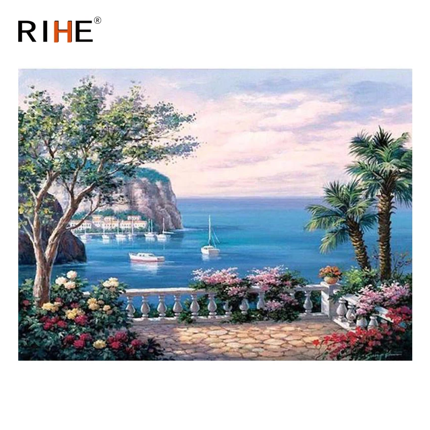 

RIHE Seaside Terrace Diy Painting By Numbers Abstract Boat Oil Painting On Canvas Cuadros Decoracion Acrylic Wall Art Picture