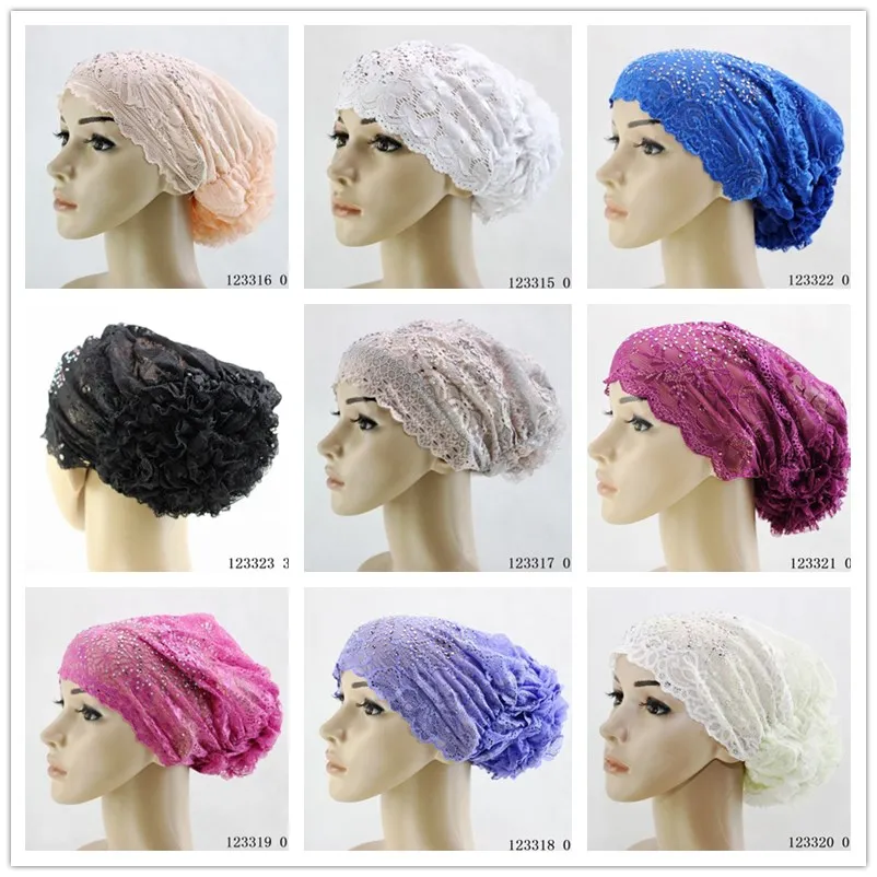 

Women Hat Beanie Flower Turban Head Wrap Cap summer female Knitted Casual Cotton Casquette gorras hedging Cap Lace Muslim hat