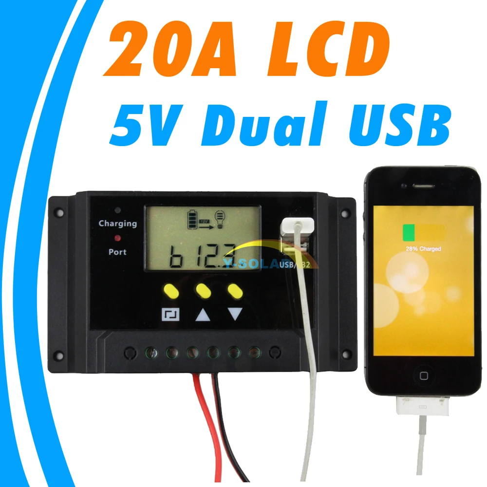 20A LCD solar charge controller Dual 5V USB 12V 24V Solar Panel Battery Charger Control Light