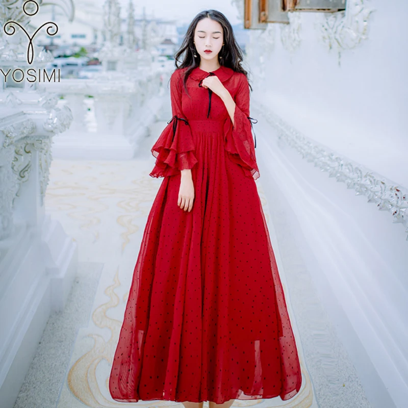 

YOSIMI 2018 Spring Summer Maxi Red Chiffon Vintage Long Women Dress Ankle-Lenght Ruffles Sleeve Evening Party Female Vestidos