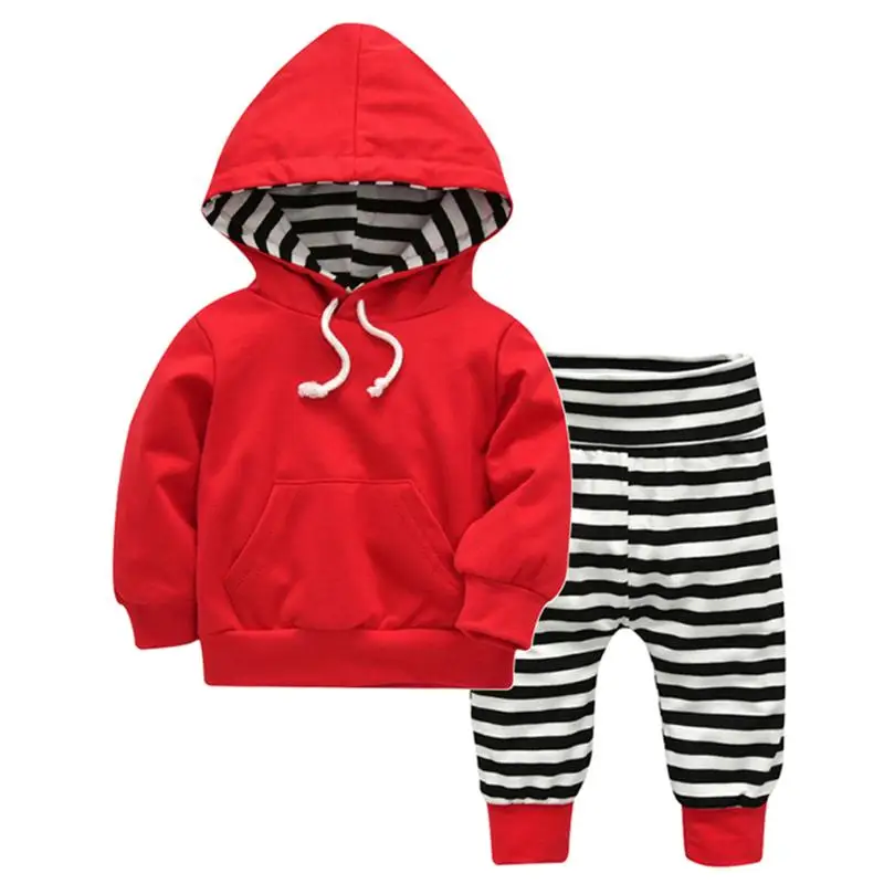 

2Pcs Baby Hoodie Spring Clothes Long Pants Clothing Set Casual Red Drawstring Front Pocket Hoodies Top Outwear + Striped Pants