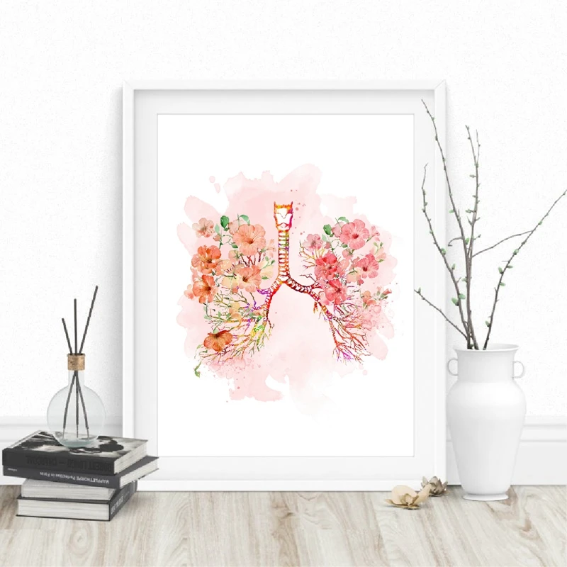 Lungs and Flower Print Bronchi Watercolor Medical Anatomy Lungs Wall Art Canvas Painting Anatomical Medicine Doctor Office Decor