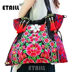 ETAILL большой национальной китайской хмонг Стиль вышитые сумки на ремне с кисточкой ручной вышивки Этническая ткань сумка