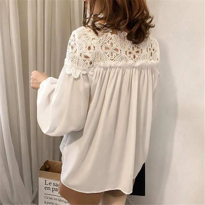 Women Chiffon Blouse Tops Spring Autumn Loose White Lace Blouses Female Long Sleeve Shirt Hollow Out OL Shirts Plus Size AB724 2