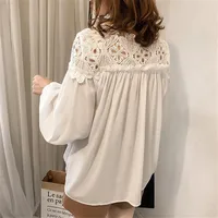 Women Chiffon Blouse Tops Spring Autumn Loose White Lace Blouses Female Long Sleeve Shirt Hollow Out OL Shirts Plus Size AB724 2