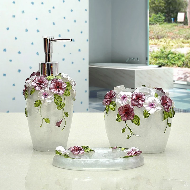 Romantic Flowers 5 Piece /set Bathroom Products Resin Bottle Cups Toothbrush Holder Bathroom Accessories Sets Wedding Supply Romantic Flowers 5 Piece /set Bathroom Products Resin Bottle Cups Toothbrush Holder Bathroom Accessories Sets Wedding Supply