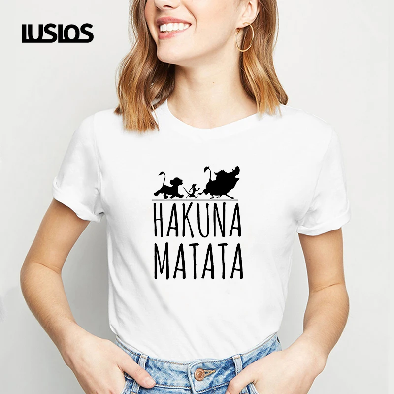 LUSLOS HAKUNA MATATA принт забавные буквы футболка для женщин топы с коротким рукавом черные белые повседневные Модные женские футболки Harajuku tee
