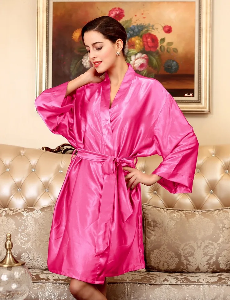 Женские серебряные халаты Новая Домашняя одежда ярких цветов Летний халат шелковистый свободный большой размер шелковый халат - Цвет: Dark pink