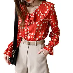 Женская Повседневная Свободная блуза в горошек с оборками и воротником длинный рукав "Бабочка" шифоновая блузка с оборками