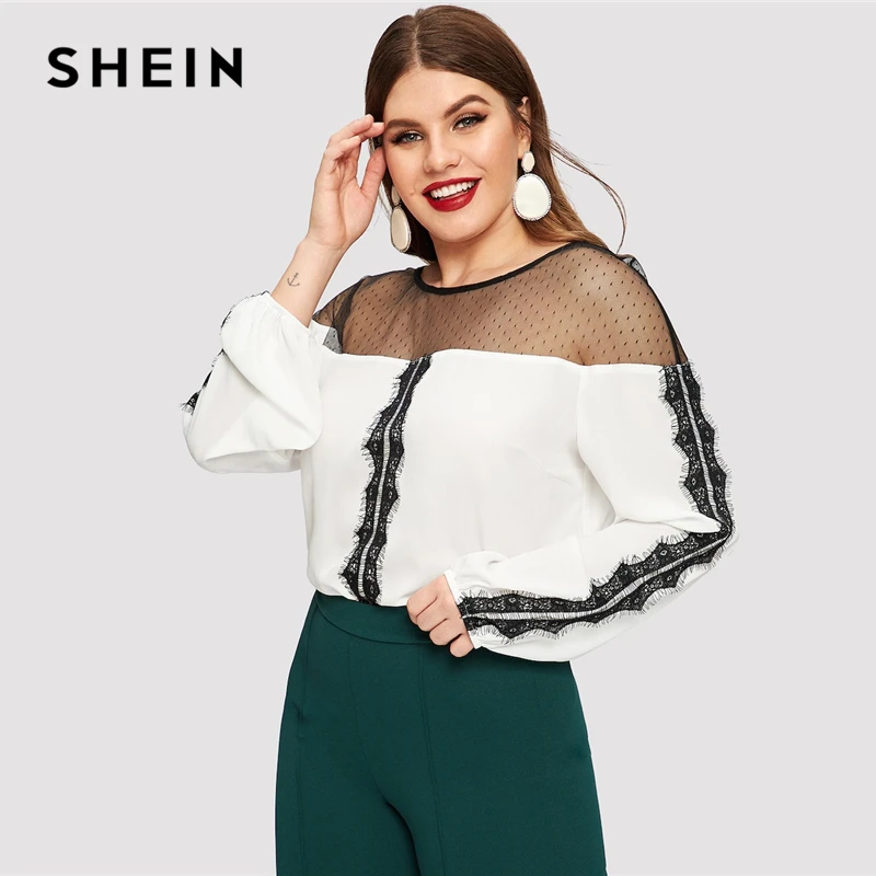 

SHEIN Dot Contrast Mesh Lace Insert Colorblock Top Plus Size Elegant Blouses 2019 Women Spring Bishop Sleeve Top Blouse
