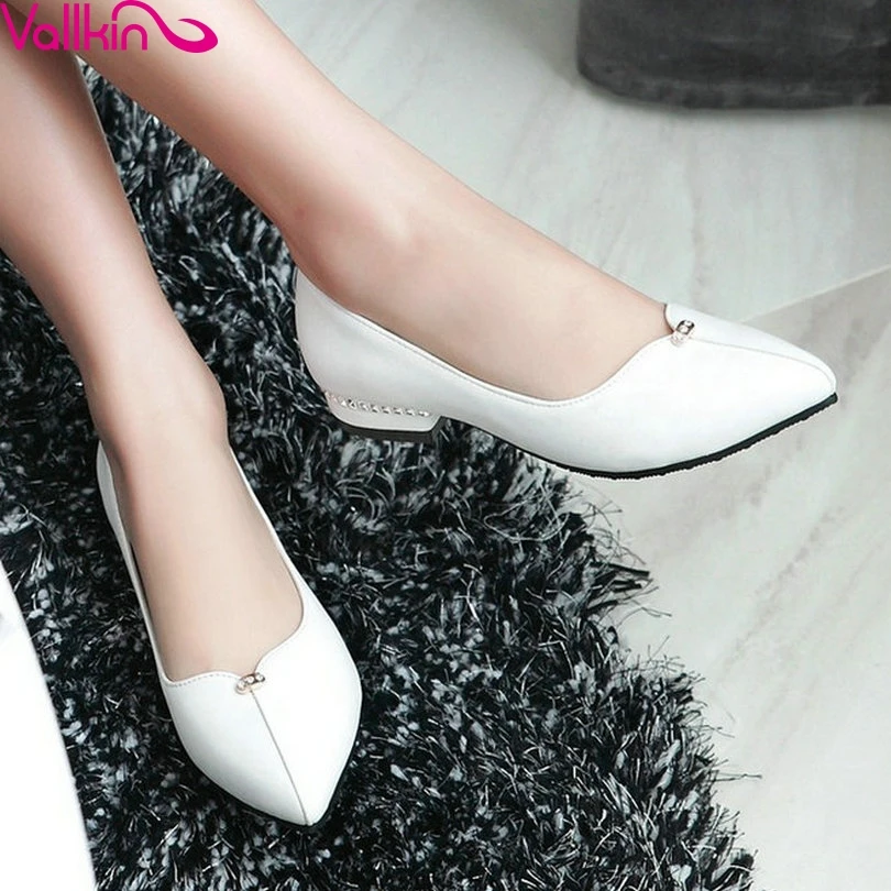 

VALLKIN Size 11 12 Thick Heel Lady Summer Shoes Woman PU Pointed Toe  Pumps Rhinestone Slip on Ladies White Wedding Shoe