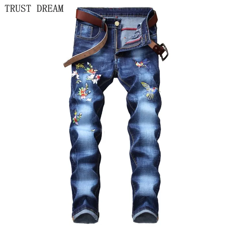 

Men's Quality Embroidery Slim Jeans Euro Style Flower Bird Pant Destroy Washed Personal Man Casual Street Club Amazing Fit Jean