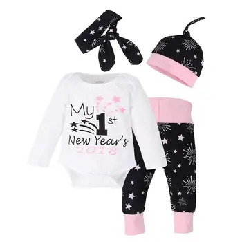 

4pcs/set Baby Letter Print Romper + Fireworks Star Pants + Hat + Headband Long Sleeved Baby Rompers Newborn Baby Clothing