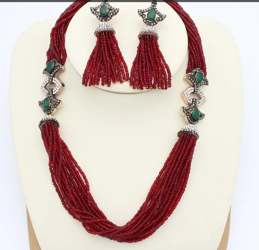 SUNSPICE-MS, элегантные турецкие женские бусы из смолы, ожерелье, серьги, Mrocco, Свадебные Ювелирные наборы, античное золото, индийский свадебный подарок - Окраска металла: FA1707redgreen