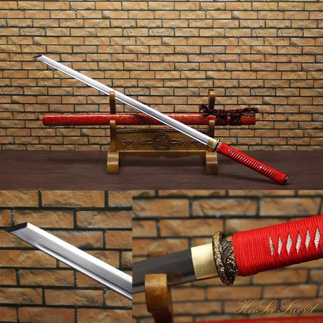 Hecho a mano 1045 hoja de carbono acero japonés tanto Samurai katana espada  recta Real borde afilado listo para batalla roja Saya _ - AliExpress Mobile