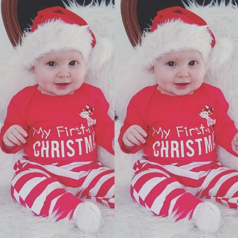 Рождественский комплект одежды из 2 предметов для новорожденных; хлопковый комбинезон с длинными рукавами и рисунком оленя+ штаны; новогодний костюм; одежда для малышей