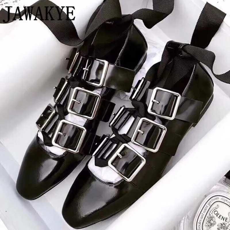 

JAWAKYE Satin cross strap women shoes leather square buckle flat shoes woman fashion black square toe ballet Muller shoes women