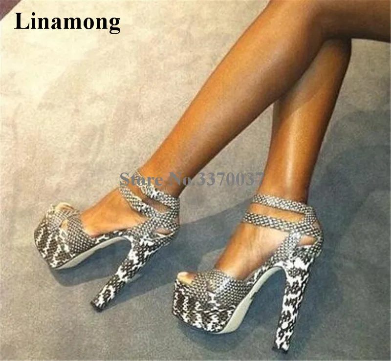 

Women Sexy Open Toe Grey Snake Leather High Platform Chunky Sandals Ankle Strap Thick High Heel Sandals Dress Shoes