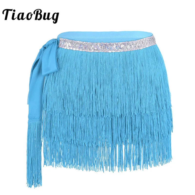 

TiaoBug Shiny Sequins Waist Three Rows Tassels Women Latin Belly Dance Costume Hip Scarf Fringe Skirt with Wrap Belt Accessories
