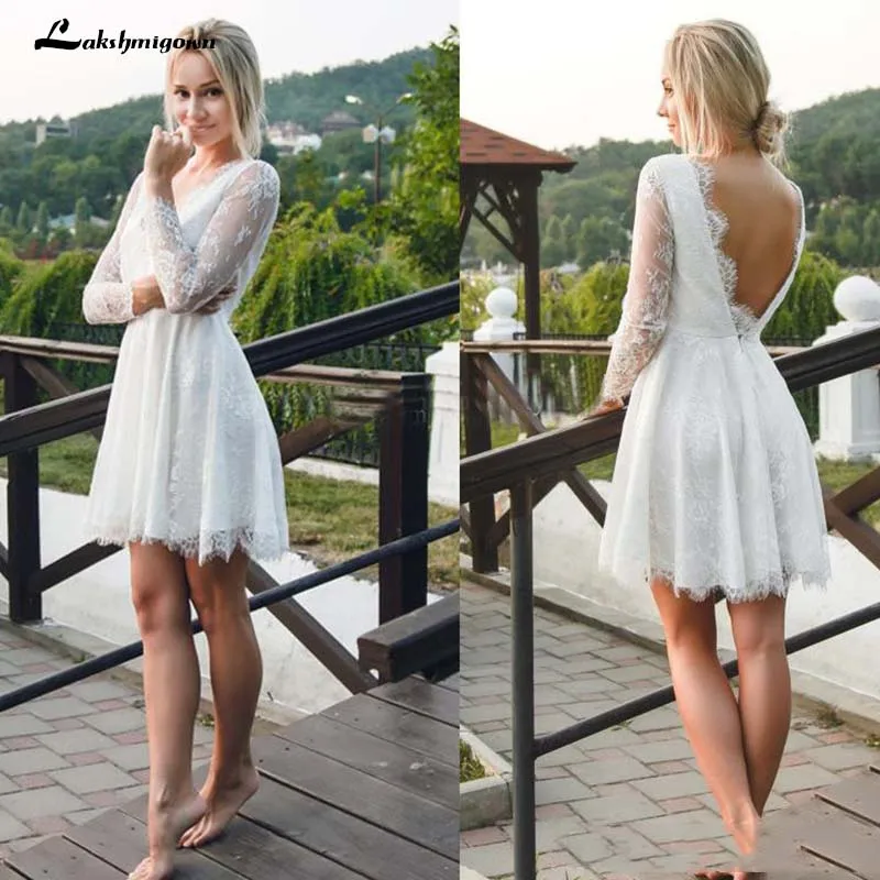 

Sexy Backless Short Beach Wedding Dresses A Line Full Lace Sheer Long Sleeve Summer Bohemian Boho Bridal Gowns