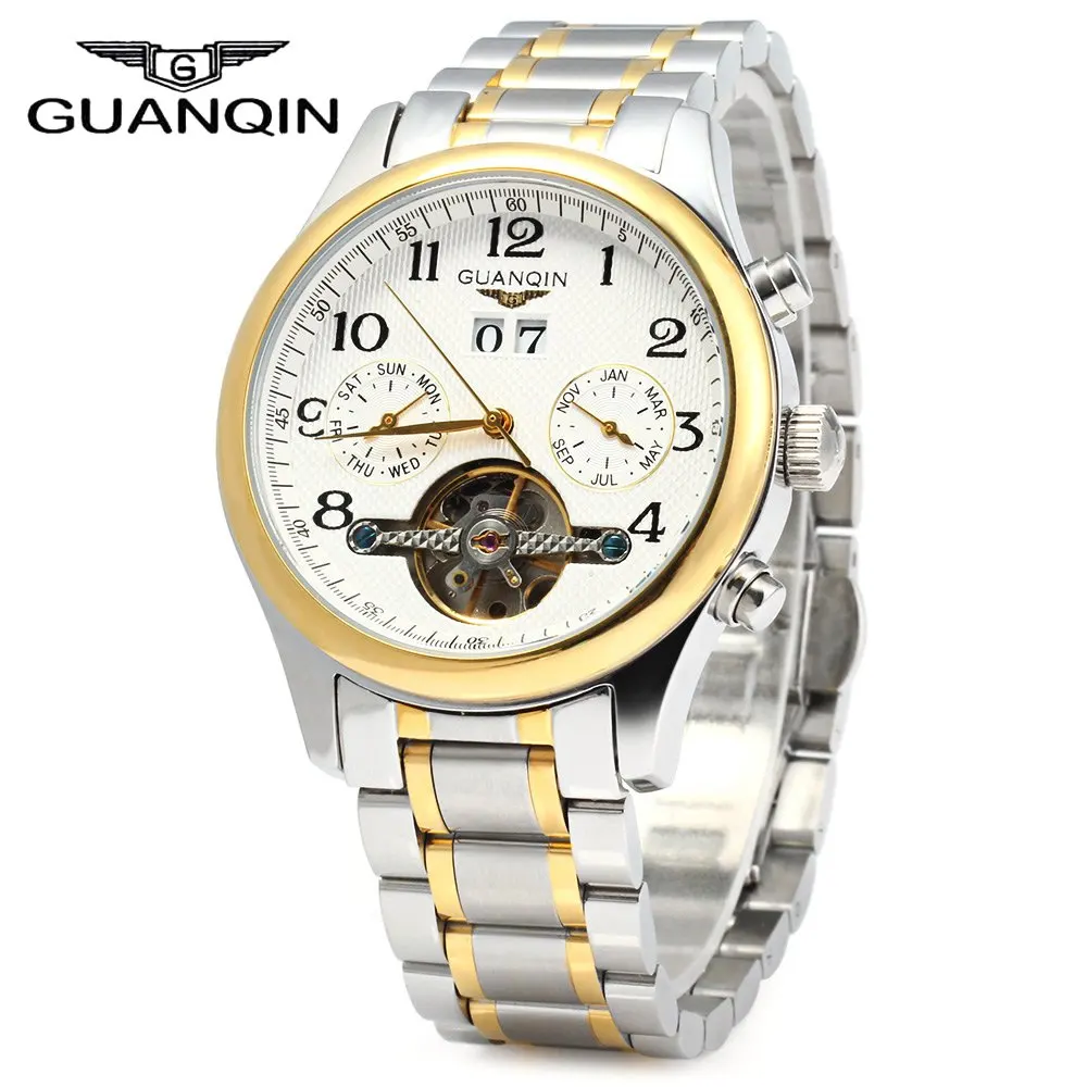 GUANQIN Men Calendar Tourbillon Mechanical Watch with Steel Band 10ATM Water Resistant Working Two Sub dials
