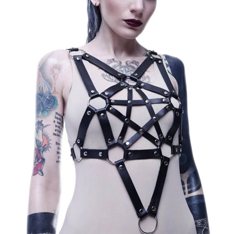

2019 New Gothic Pentagram Star Pattern Crop Top Women Sexy Hollow Out Leather Tank Top Rave Festival Clothing Party Top Clubwear