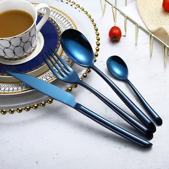 

High quality 4Pcs Purple Cutlery Set Stainless Steel Blue Dinnerware Set Knife Fork Table Fork Black Tableware Set Drop Shipping