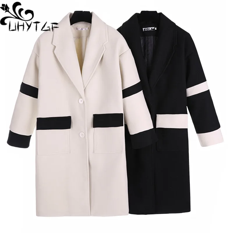 

UHYTGF Women's Winter Coat Loose long Woolen Outerwear fashion Autumn Trench Coats Female Long sleeve Plus size Coats Ladies 792