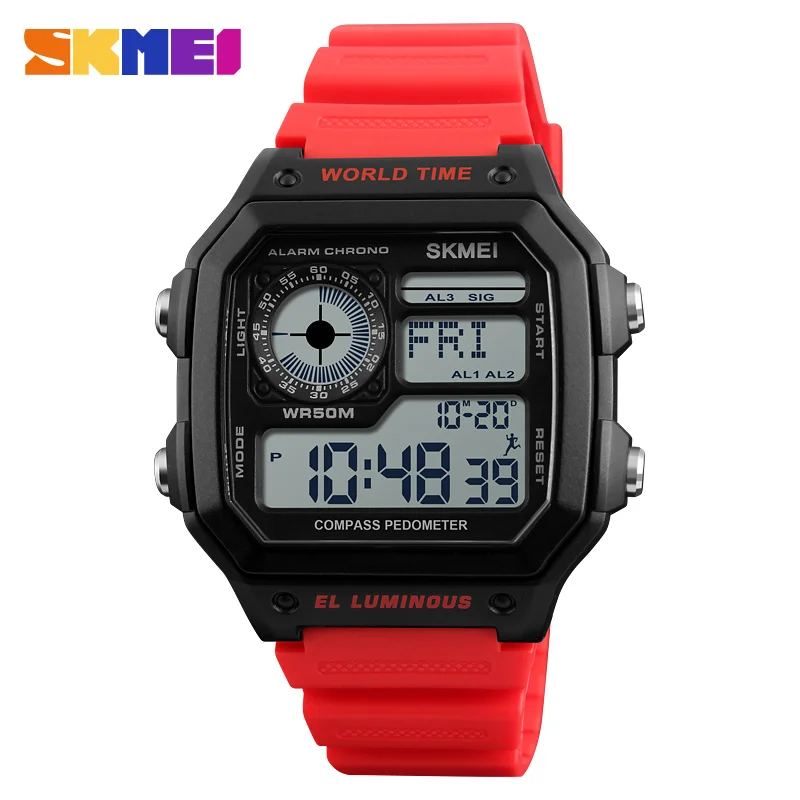 SKMEI, мужские часы с компасом, светодиодный, для спорта, отдыха, цифровые, мировое время, водонепроницаемые часы, время калорий, 2 раза, наручные часы, Relogio masculino - Цвет: Red Watch