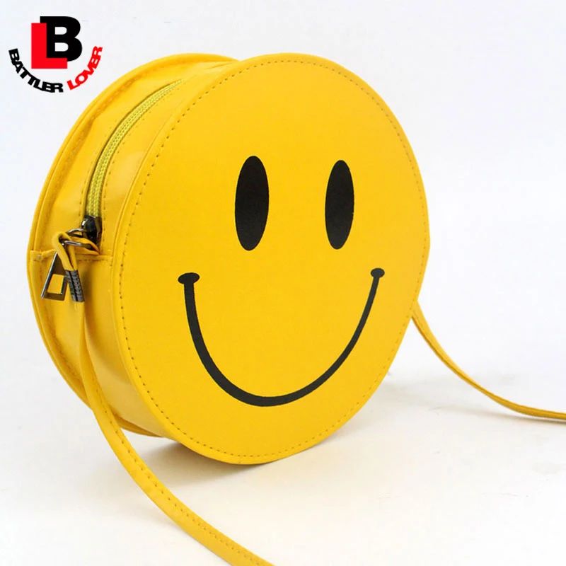 Funny Smiling Face Women PU Leather Shoulder Bag Circular Handbag Girls Kid Clutch Borse Yellow Messenger bag Small Cute Cartoon