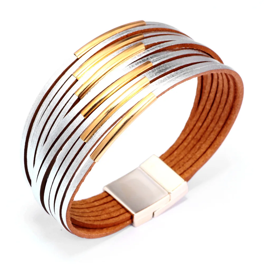 

DoreenBeads New Gold High Quality Genuine Leather Wrap Bracelets For Women Contrast Color Multiple Layers Charm Jewelry,1 PC