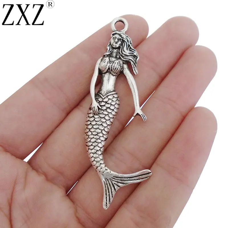 

ZXZ 6pcs Antique Silver Tone Mermaid Charms Pendants for Sea Necklace Jewelry Making Findings 64x20mm