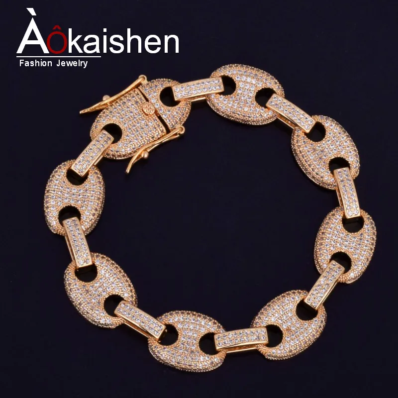 

12MM Gold Men's Cuban Link Chain Bracelet Men's Hip hop Jewelry Copper Material Iced Out Cubic Zircon Chain Bracelet 8"
