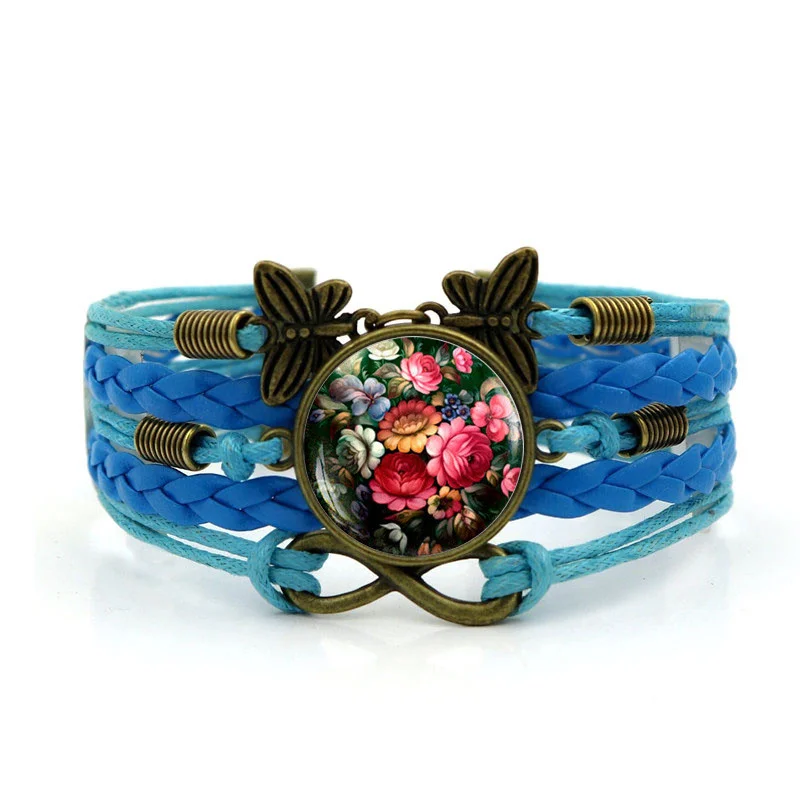 Многослойные ручной кожи Плетеный браслет жостово Цветы Стекло кабошон браслет украшения для Для мужчин для Для женщин Подарки - Окраска металла: Blue