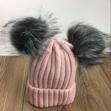 Новинка, женские милые вязаные акриловые шапки с помпонами из лисьего меха, зимняя твердая шляпа