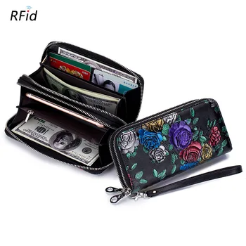 

Double Zipper Women Wallets Large Capacity Split Leather Purse Fashion Flower Printing Credit Card Holder Carteira Feminina