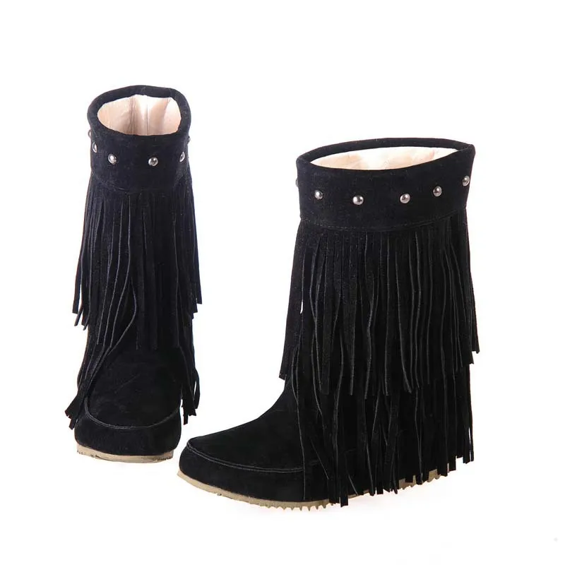 Big Size 34-43 Women's 3 Layer Fringe Tassels Decoration Rivets Low Heel Winter Boots Mid-Calf snow boots Shoes - Цвет: Черный