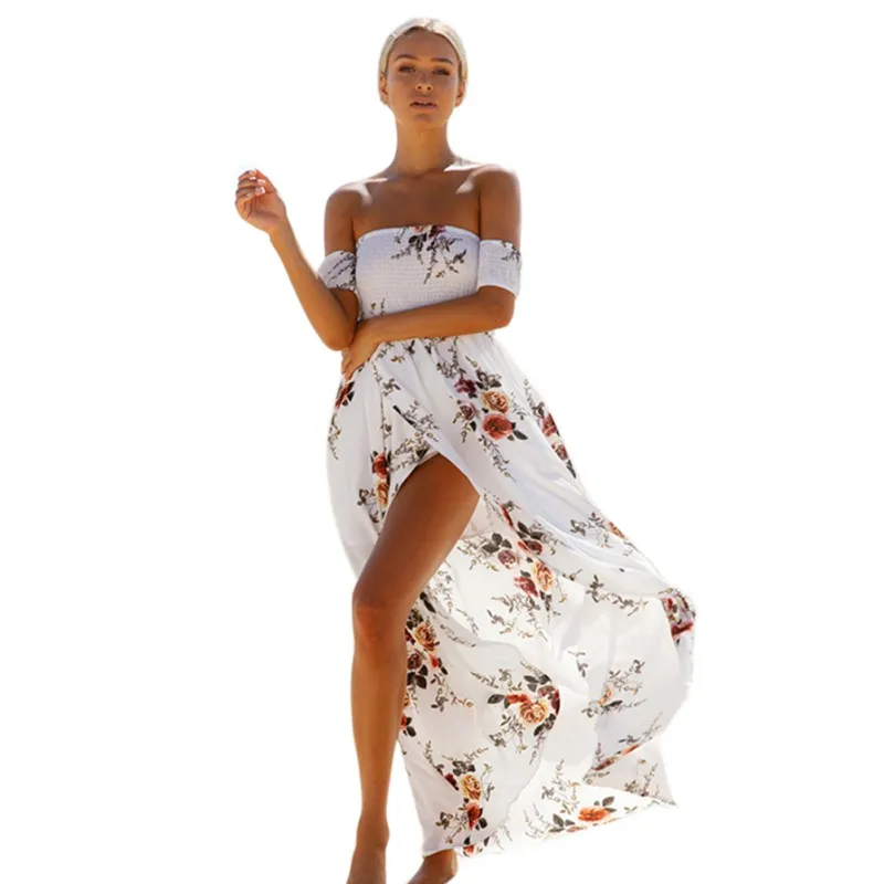 

2018 Summer Vestidos Sexy Off Shoulder Print Short Sleeve Dress Women High Waist Long Dresses