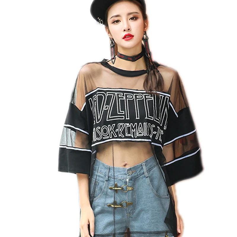 

2018 Plus Size Lace Blouses Women Summer Tops Sexy Mesh See-Through Women Shirts Blouse Short Sleeve Loose Letters Shirt Female