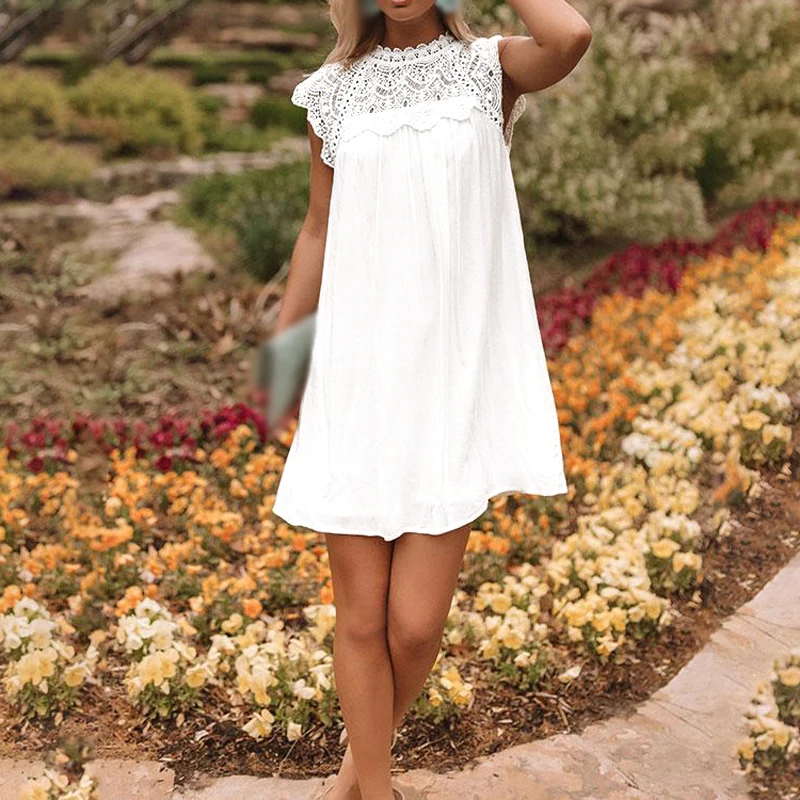 Women's Dress Ladies Holiday Summer Short Sleeve Casual Fashion Party Loose Boho Beach Lace Cocktail mini dress