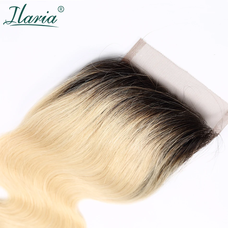 ILARIA HAIR 1B 613 блонд человеческие волосы Кружева Закрытие 4x4 с Детские волосы волнистые 2 тона темные корни Омбре закрытие отбеленные узлы