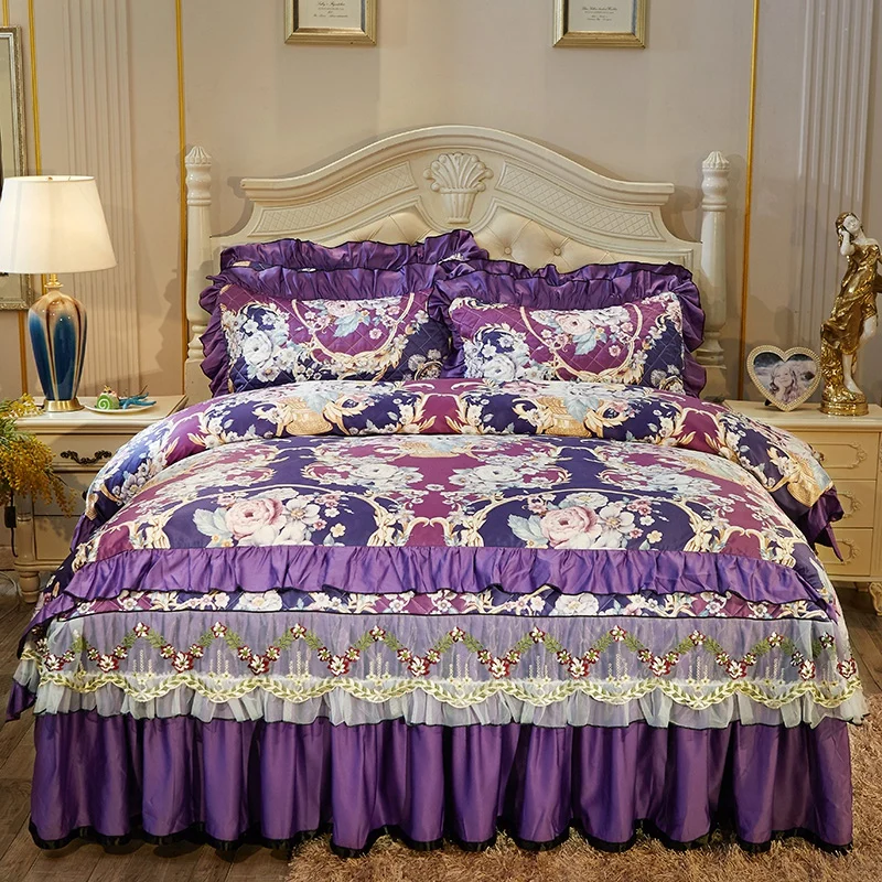 

Luxury Pastoral style washed silk Bedding Sets Full Queen King Size Duvet Cover Bedspread bed skirt set Pillowcase